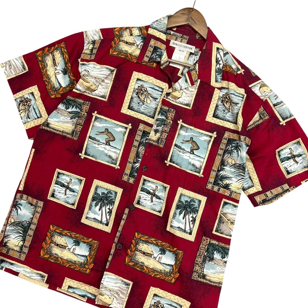 Quiksilver Mens Surf Print Button Down Shirt Vintage Y2K Postcard Hawaiian Red M